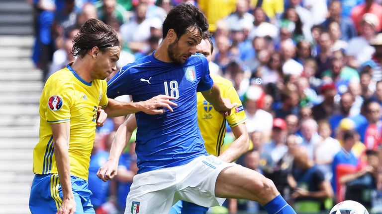 Italy midfielder Marco Parolo winning a challenge against Sweden