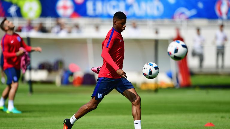 Marcus Rashford lines up a shot during an England training session ahead of Euro 2016