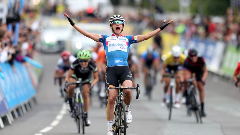 Rabo Liv Women's Cycling Team's Marianne Vos celebrates winning stage four of the Women's Tour of Britain.