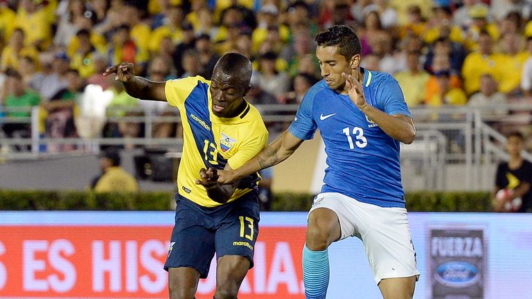 PASADENA CA - JUNE 4: Enner Valencia #13 of Ecuador and Marquinhos #13 of Brazil battle for the ball during the second half of the 2016 Copa America Centen