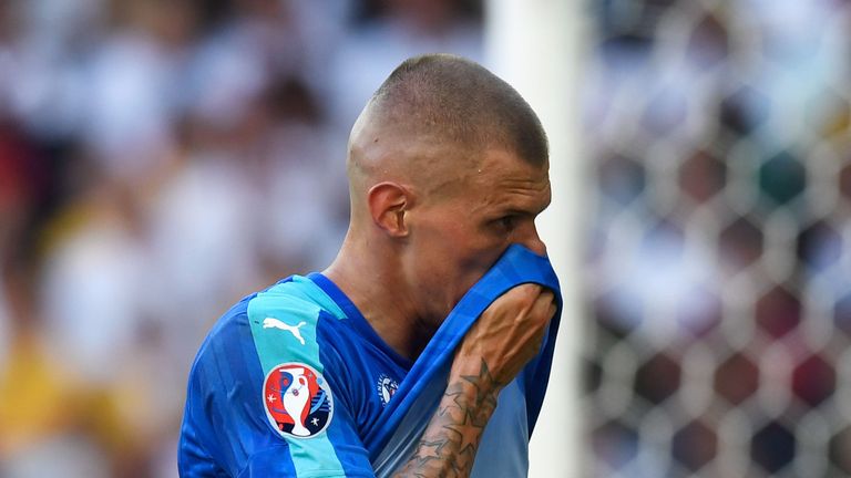 LILLE, FRANCE - JUNE 26: Martin Skrtel of Slovakia reacts during the UEFA EURO 2016 round of 16 match between Germany and Slovakia at Stade Pierre-Mauroy o