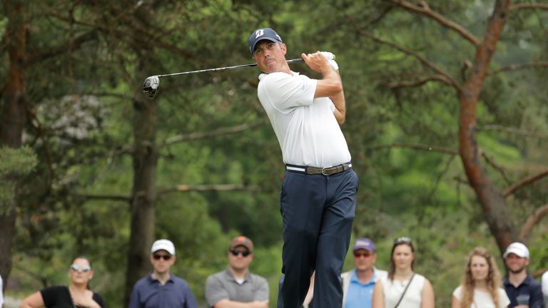 Matt Kuchar watches his tee shot on the second hole during the third round of The Memorial Tournament at Muirfield Village Golf Club