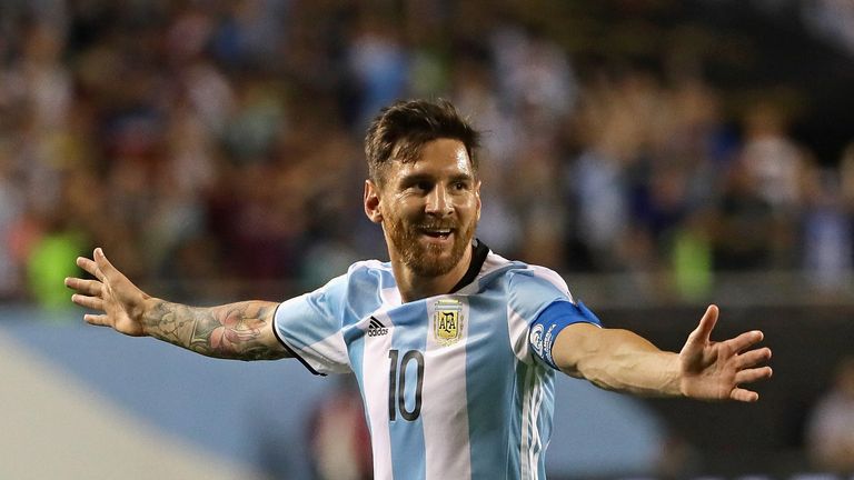 Lionel Messi of Argentina celebrates his second goal against Panama