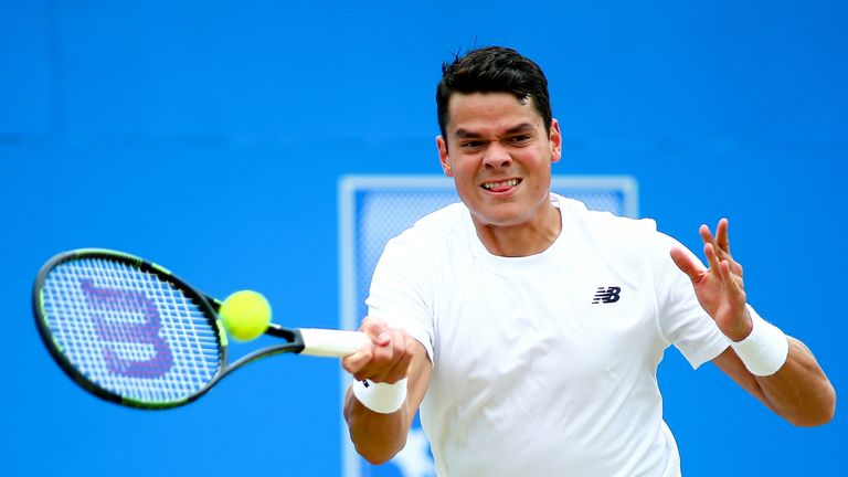 LONDON, ENGLAND - JUNE 19:  Milos Raonic of Canada hits a forehand during his final match against Andy Murray of Great Britan during day seven of the Aegon