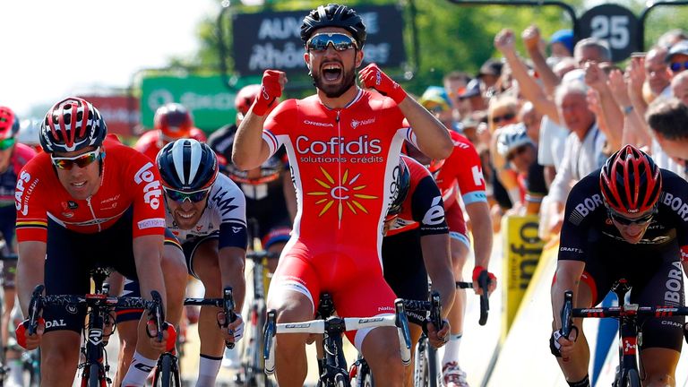 Nacer Bouhanni wins stage one of the 2016 Criterium du Dauphine ahead of Jens Debusschere and Sam Bennett