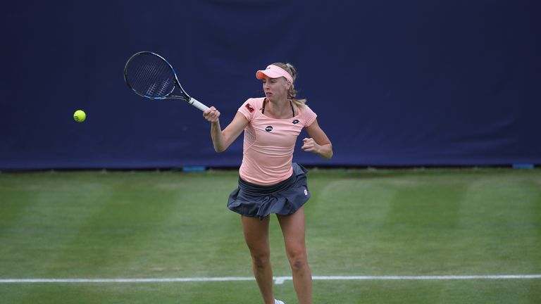 BIRMINGHAM, ENGLAND - JUNE 14: Naomi Broady of Great Britain plays a forehand during her women's singles first round match against Daria Gavrilova of Austr