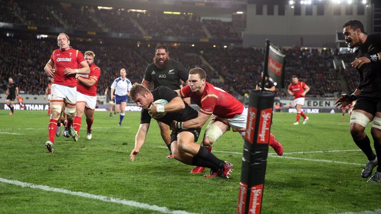 All Blacks hooker Nathan Harris, pictured scoring against Wales last June, is named on the bench for the Chiefs
