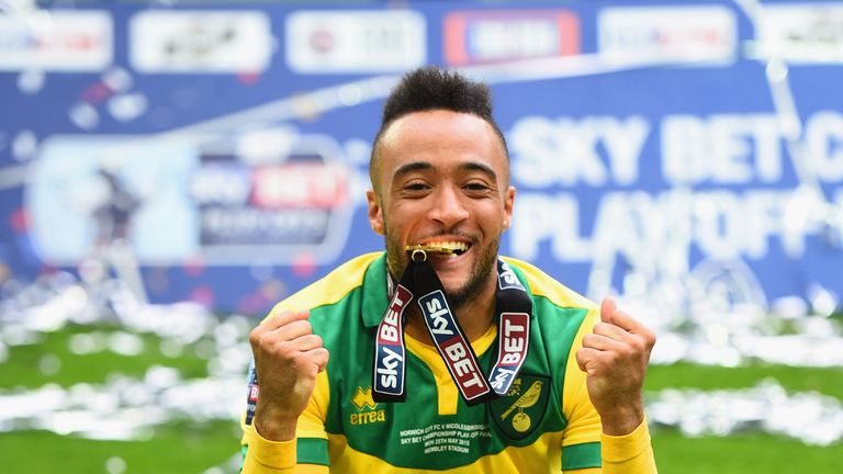 Nathan Redmond celebrates Norwich City's Championship play-off success in 2015