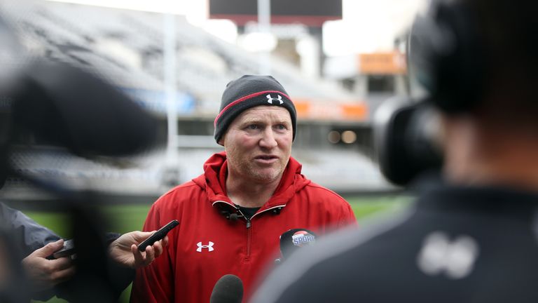 Wales' kicking coach Neil Jenkins talks to the media during a training session in Auckland on June 10, 2016, ahead of the rugby Test match against the New 
