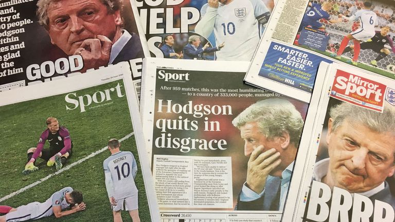 A selection of Tuesday's newspaper back pages which roundly condemn England's 2-1 defeat to Iceland in Euro 2016