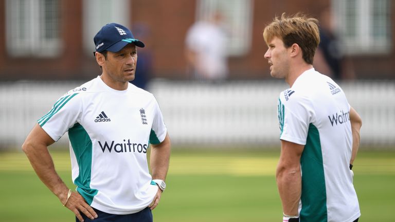 Nick Compton of England speaks with batting coach Mark Ramprakash at Lord's