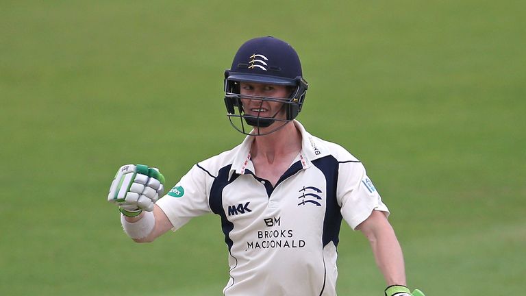 LONDON, ENGLAND - JUNE 28: Nick Gubbins of Middlesex celebrates his maiden first-class double hundred during day three of the Specsavers County Championshi