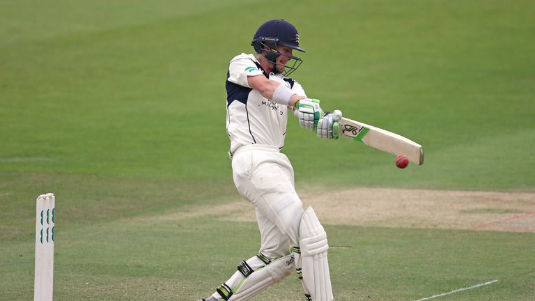 LONDON, ENGLAND - JUNE 28: Nick Gubbins of Middlesex hits a four to complete his maiden first-class double hundred during day three of the Specsavers Count