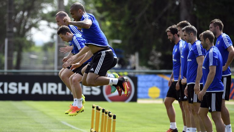 Northern Ireland's players attend a training session at the team's training ground in Saint George de Reneins on June 10, 2016, Euro 2016