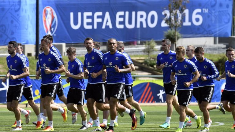 Northern Ireland's players attend a training session at the team's training ground in Saint George de Reneins on June 10, 2016, Euro 2016