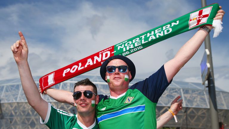 NICE, FRANCE - JUNE 12:  Northern Ireland fans enjoy the atmosphere outside the stadium prior to the UEFA EURO 2016 Group C match between Poland and Northe