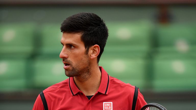 PARIS, FRANCE - JUNE 02:  Novak Djokovic of Serbia reacts during the Men's Singles quarter final match against Tomas Berdych of Czech Republic on day twelv