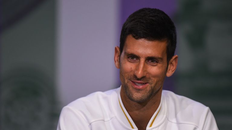 LONDON, ENGLAND - JUNE 26:  Novak Djokovic of Serbia speaks to the media during a press conference prior to the Wimbledon Lawn Tennis Championships at the 