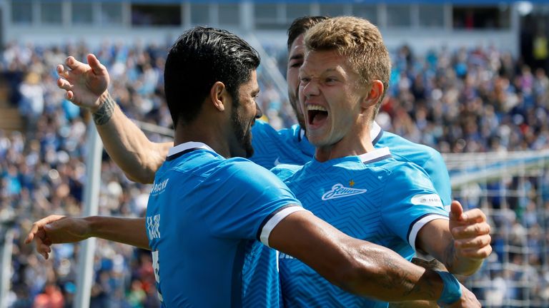 ST. PETERSBURG, RUSSIA - JULY 19: Hulk (L) of FC Zenit St. Petersburg celebrates his goal with Oleg Shatov (R) of FC Zenit St. Petersburg during the Russia