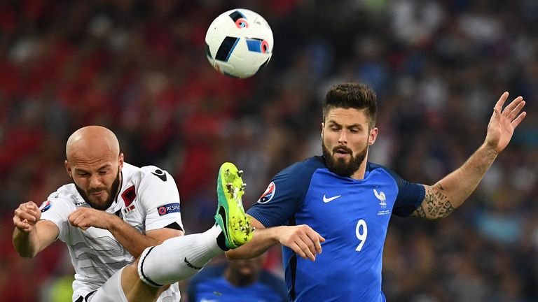 Albania defender Arlind Ajeti  (L) vies for the ball against France forward Olivier Giroud 