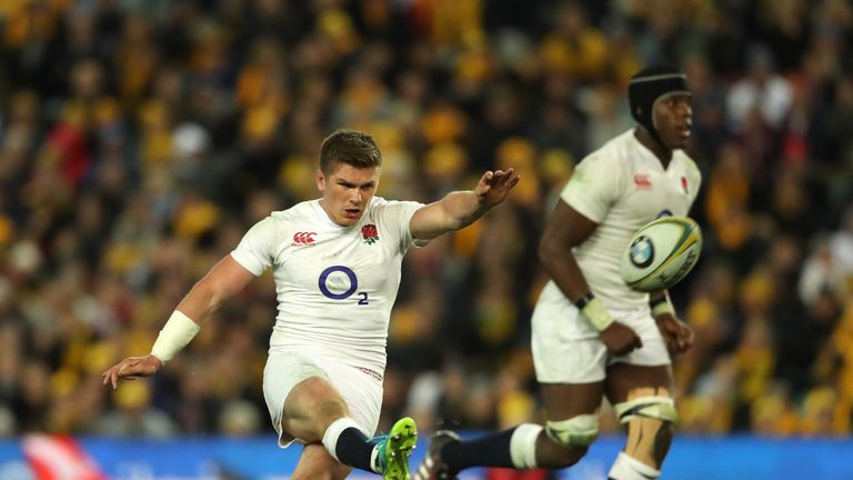 Owen Farrell of England kicks a penalty