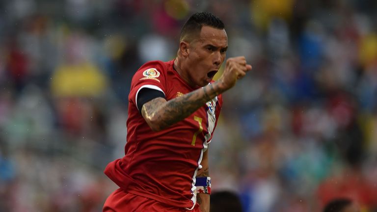 Panama's Blas Perez celebrates after scoring 