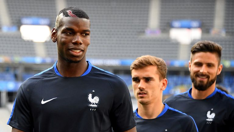 Paul Pogba Antoine Griezmann Olivier Giroud during a France training session at the Stade de France, Paris, Euro 2016, ahead of Romania game