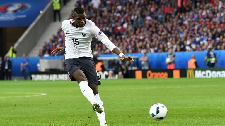 France's Paul Pogba attempts a shot at goal against Switzerland 