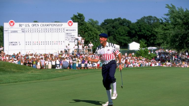Payne Stewart of the USA celebrates after holing his putt on the 18th green during the US Open at the Hazeltine National Golf Club in Minneapolis, M