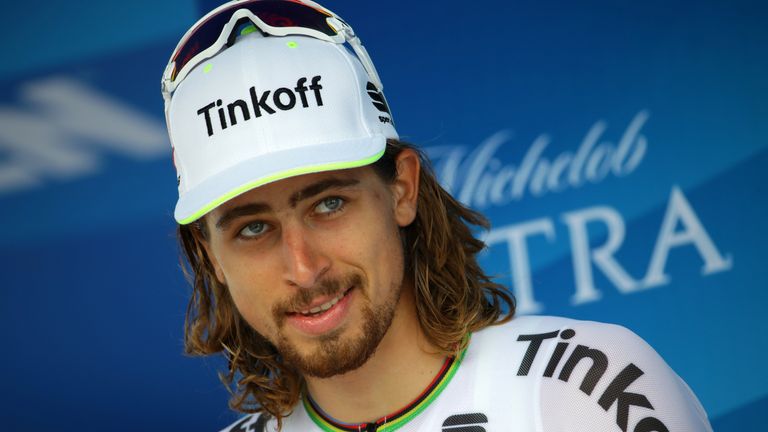 Peter Sagan of Slovakia riding for Tinkoff poses for a photo on the podium following stage seven of the Amgen Tour of California 