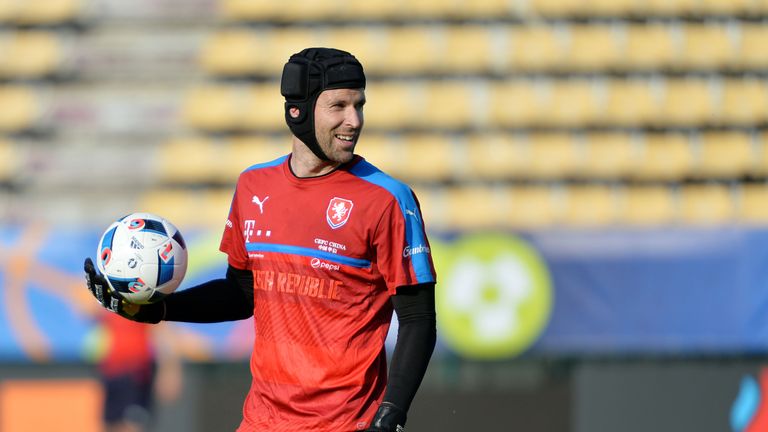 Czech Republic's goalkeeper Petr Cech holds a ball as he attends a training session at their training ground in Tours ahead of the Euro 2016 football tourn