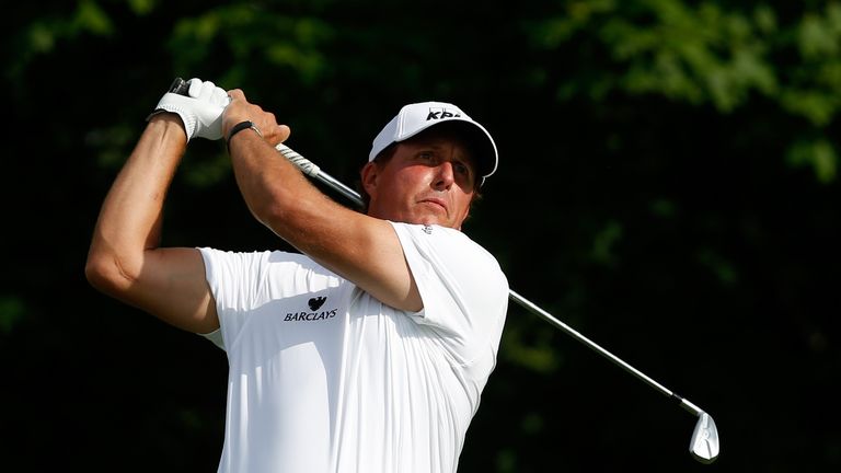 Phil Mickelson hits his tee shot on the 14th hole during the second round of The Memorial Tournament at Muirfield Village Golf Club 