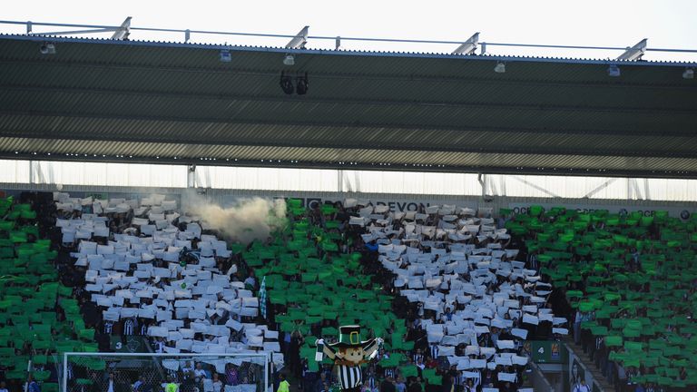 PLYMOUTH, UNITED KINGDOM - MAY 15: The Plymouth Argyle fans hold up green and white cards prior to kick off during the Sky Bet League Two Play Offs Second 