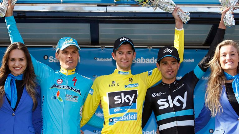 Luis Leon Sanchez, Wout Poels and Benat Intxausti on the podium after Stage 5 of the 2016 Tour of Valencia