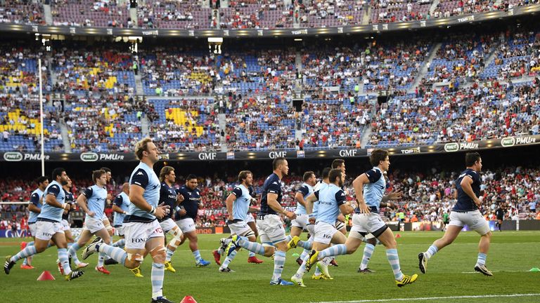 Racing 92's players  warm up before the French Top14 rugby union final match against Toulon