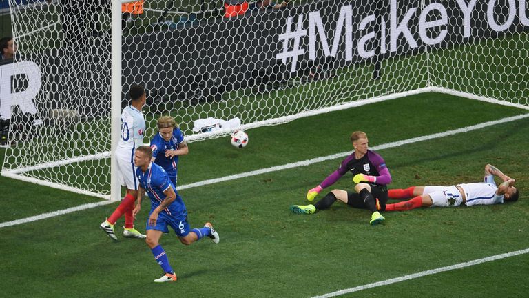Ragnar Sigurdsson celebrates Iceland's first goal in their 2-1 win over England at Euro 2016