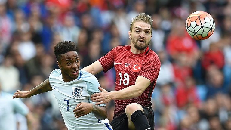 England's midfielder Raheem Sterling (L) vies with Turkey's Caner Erkin 