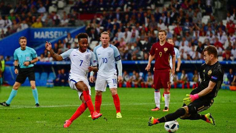 MARSEILLE, FRANCE - JUNE 11:  Raheem Sterling of England shoots during the UEFA EURO 2016 Group B match between England and Russia at Stade Velodrome on Ju