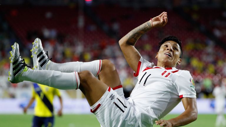 Raul Ruidiaz of Peru looks up after a bicycle kic