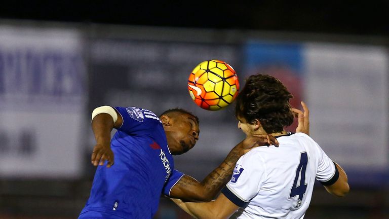 ALDERSHOT, ENGLAND - OCTOBER 30: Filipe Lesniak of Spurs wins the ball ahead of Chelsea's Reece Mitchell during the Barclays U21 Premier League match betwe