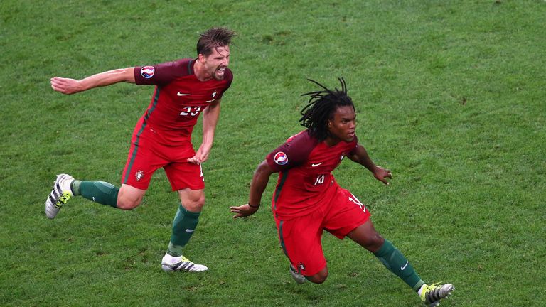 Renato Sanches celebrates his equaliser for Portugal