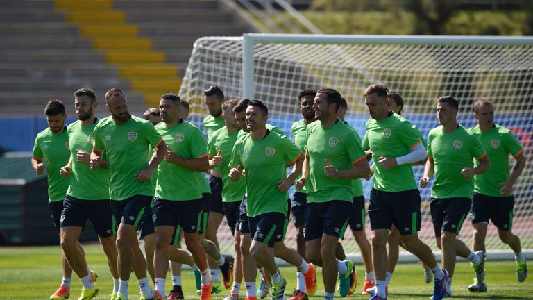 Players of the Republic of Ireland's national football team attend a training session at the Stade Municipal Montbauron stadium in Versailles, near Paris