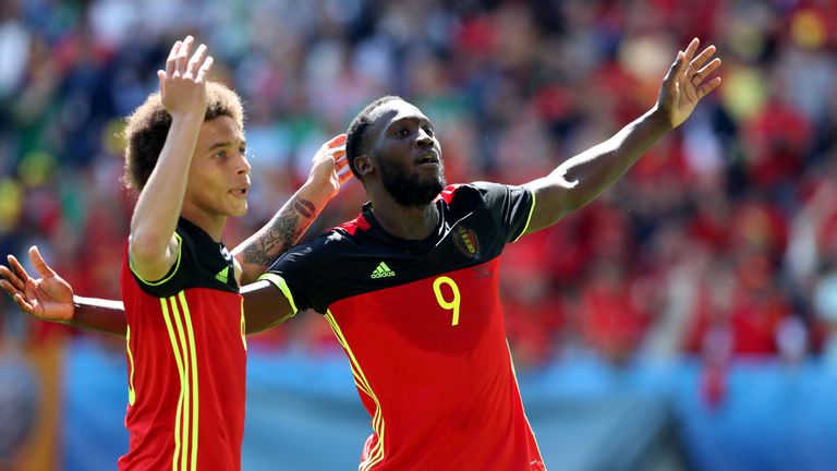 Belgium's Romelu Lukaku celebrates with Axel Witsel 