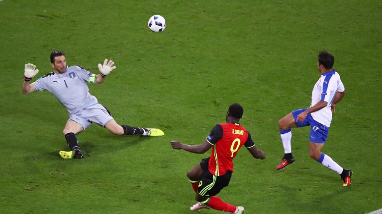 Romelu Lukaku of Belgium shoots wide during the UEFA EURO 2016 Group E match between Belgium and Italy at Stade des Lumieres on Jun