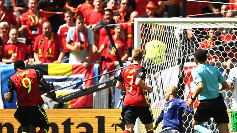 Belgium striker Romelu Lukaku scores his second goal against Ireland