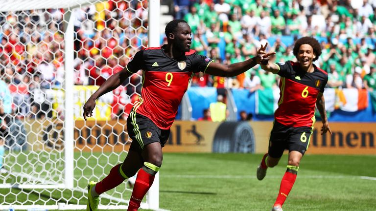 Romelu Lukaku of Belgium celebrates scoring his team's first goal 