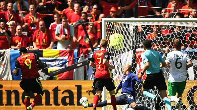 Romelu Lukaku scores his second goal of the afternoon for Belgium