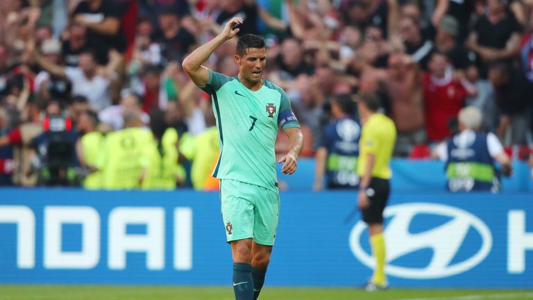 Cristiano Ronaldo of Portugal shows his frustration
