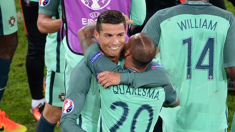 Cristiano Ronaldo embraces Ricardo Quaresma after Portugal beat Croatia