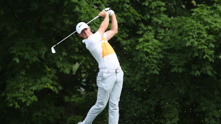 Rory McIlroy of Northern Ireland watches his tee shot on the 14th hole during the first round of The Memorial Tournament at Muirfield